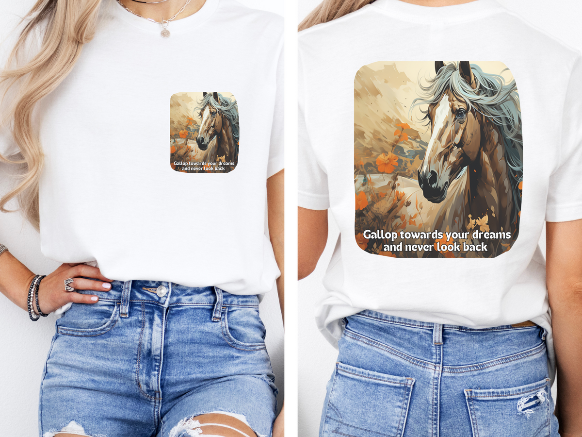 Sunflower Horse T-Shirt – 'Gallop Towards Your Dreams' – Front & Back Design – Equestrian Dreamer Tee