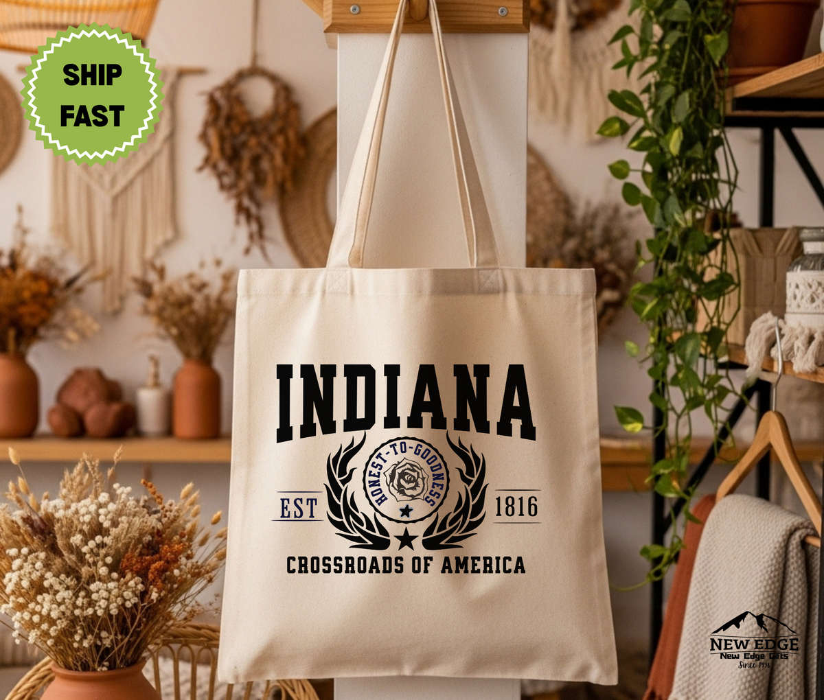 Indiana State Crossroads of America Cotton Canvas Tote Bag – Eco-Friendly Reusable Travel Tote, Everyday Shopping Bag & State Pride Gift