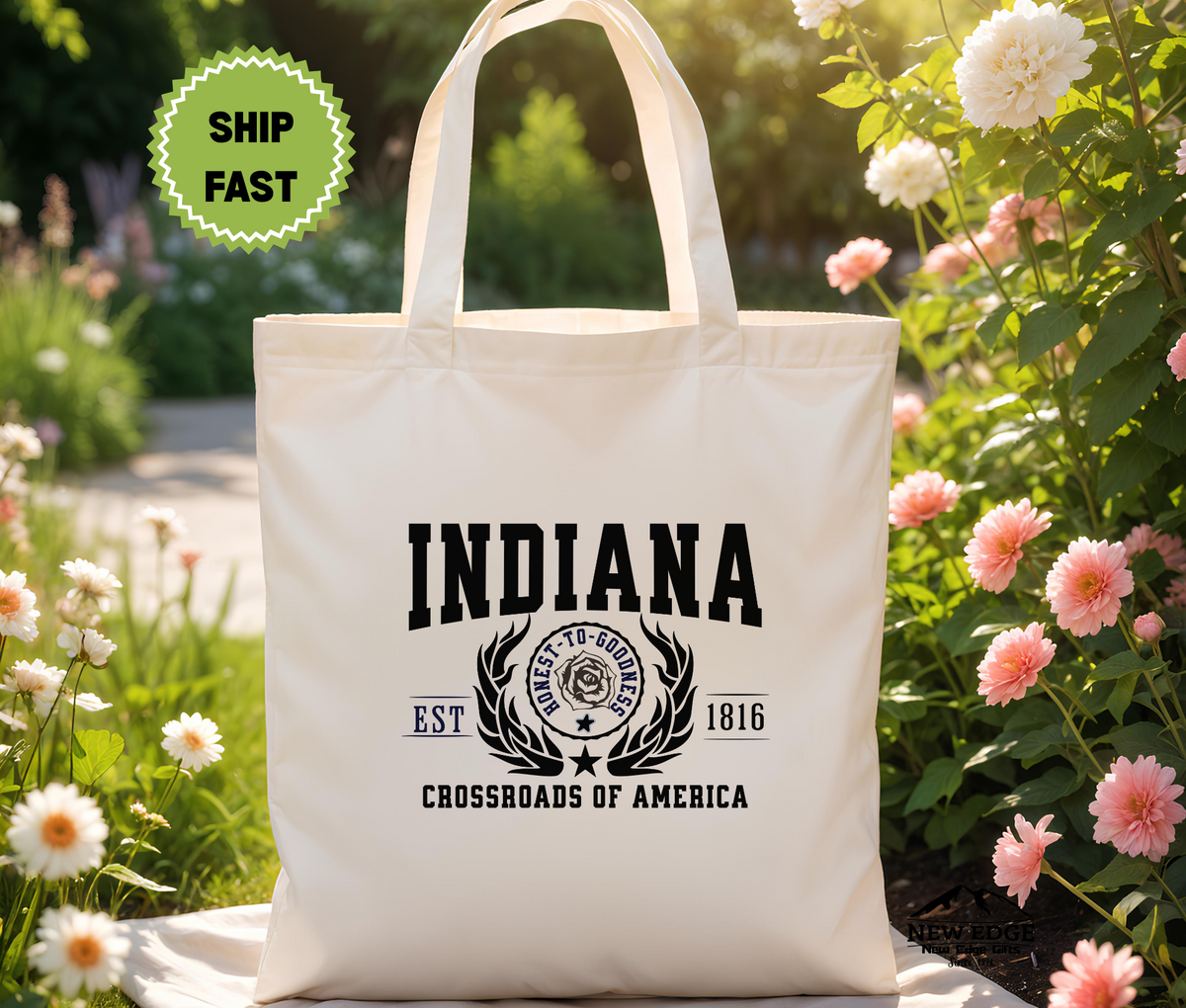 Indiana State Crossroads of America Cotton Canvas Tote Bag – Eco-Friendly Reusable Travel Tote, Everyday Shopping Bag & State Pride Gift