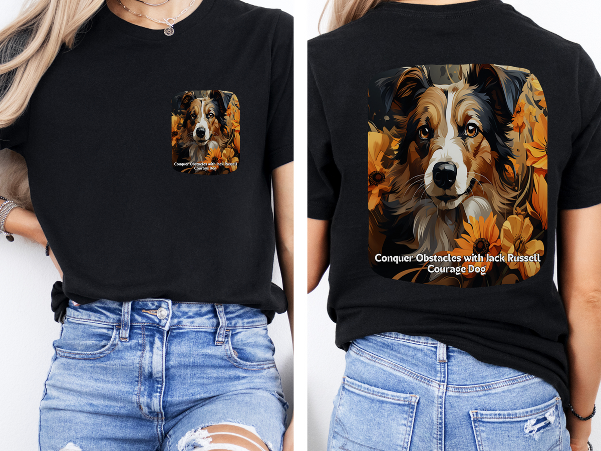 Jack Russell Sunflower T-Shirt – 'Conquer Obstacles with Jack Russell Courage' – Front & Back Design – Fearless Dog Lover Tee