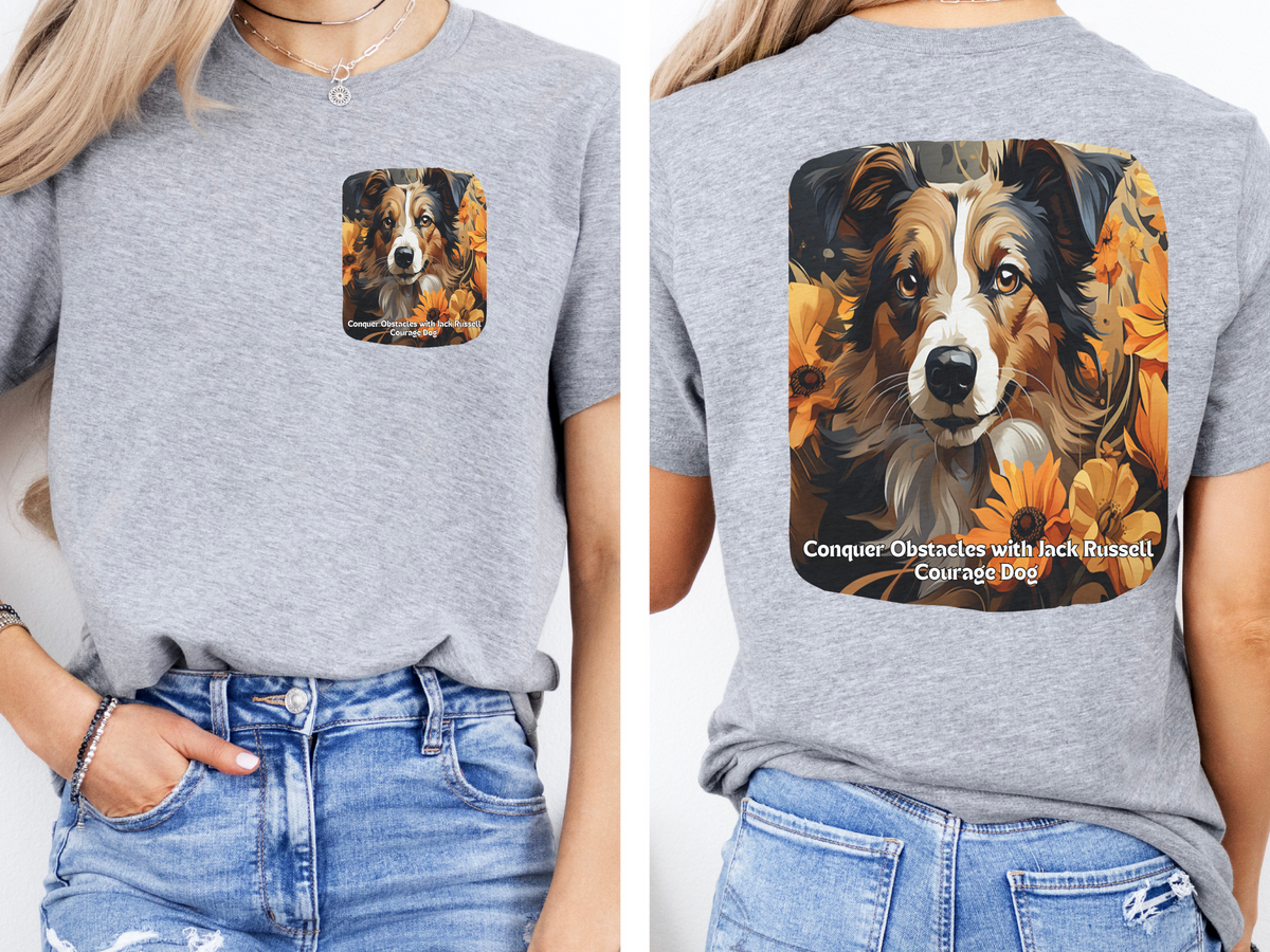 Jack Russell Sunflower T-Shirt – 'Conquer Obstacles with Jack Russell Courage' – Front & Back Design – Fearless Dog Lover Tee