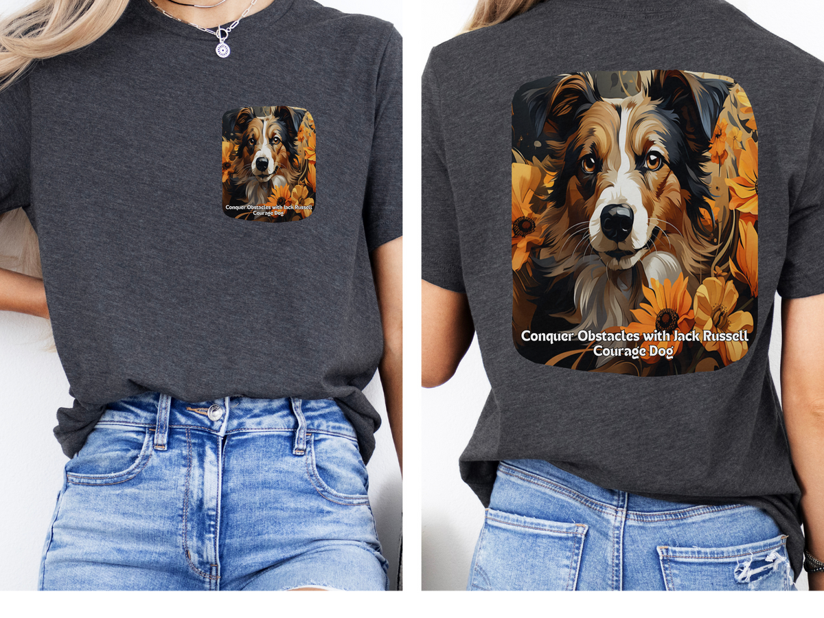 Jack Russell Sunflower T-Shirt – 'Conquer Obstacles with Jack Russell Courage' – Front & Back Design – Fearless Dog Lover Tee