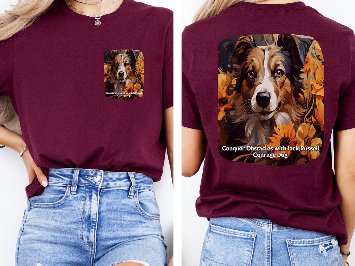 Jack Russell Sunflower T-Shirt – 'Conquer Obstacles with Jack Russell Courage' – Front & Back Design – Fearless Dog Lover Tee