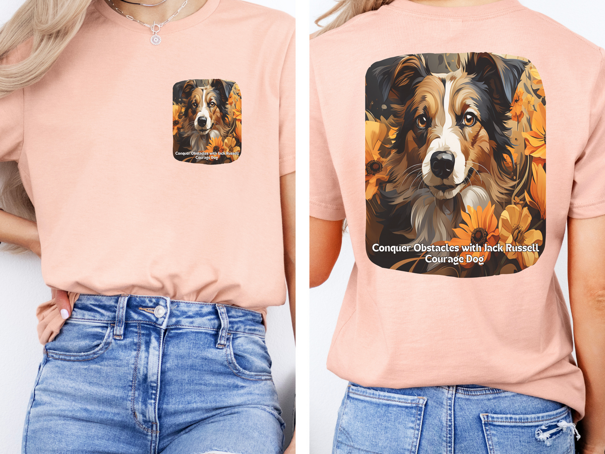 Jack Russell Sunflower T-Shirt – 'Conquer Obstacles with Jack Russell Courage' – Front & Back Design – Fearless Dog Lover Tee