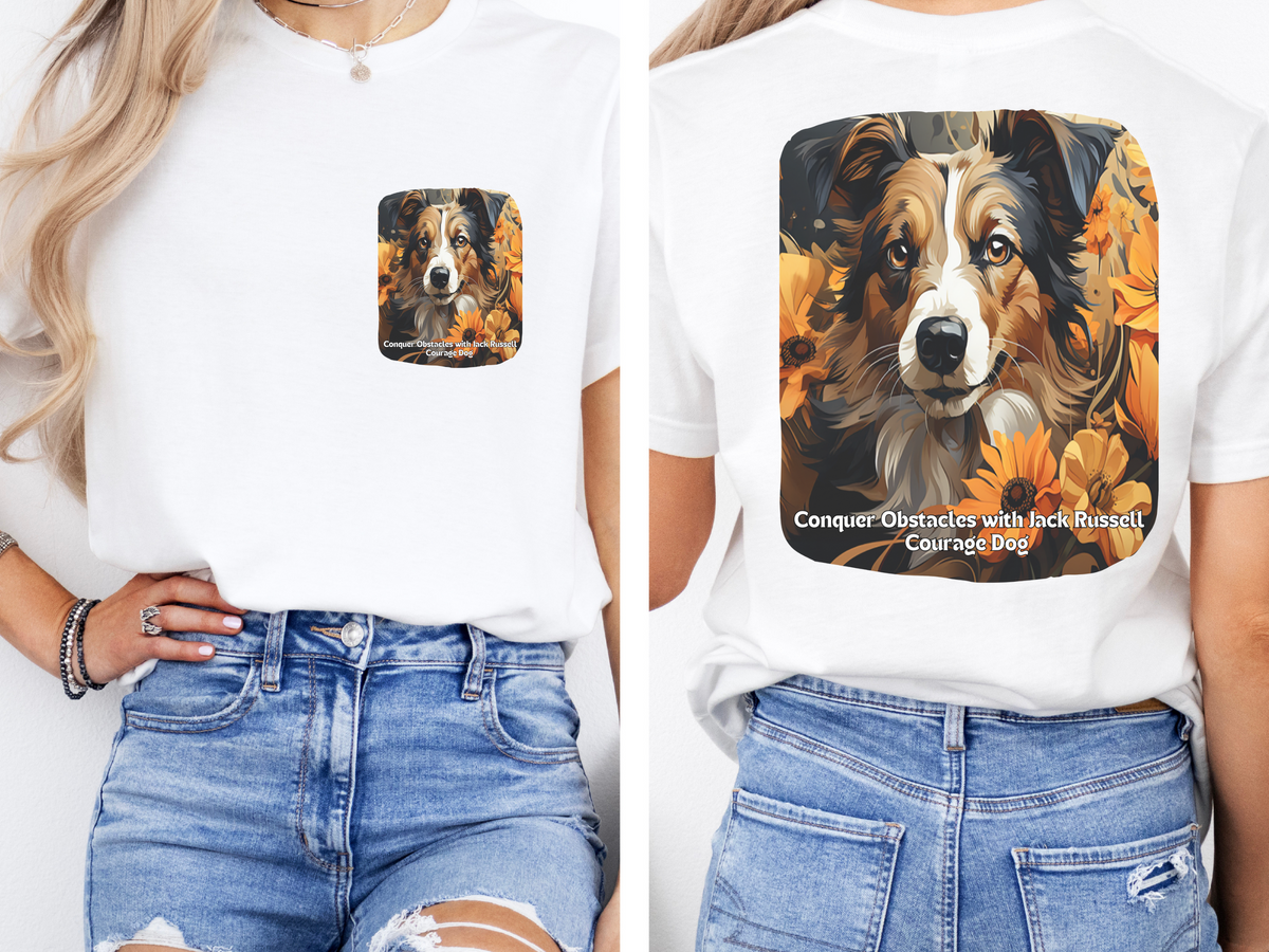 Jack Russell Sunflower T-Shirt – 'Conquer Obstacles with Jack Russell Courage' – Front & Back Design – Fearless Dog Lover Tee