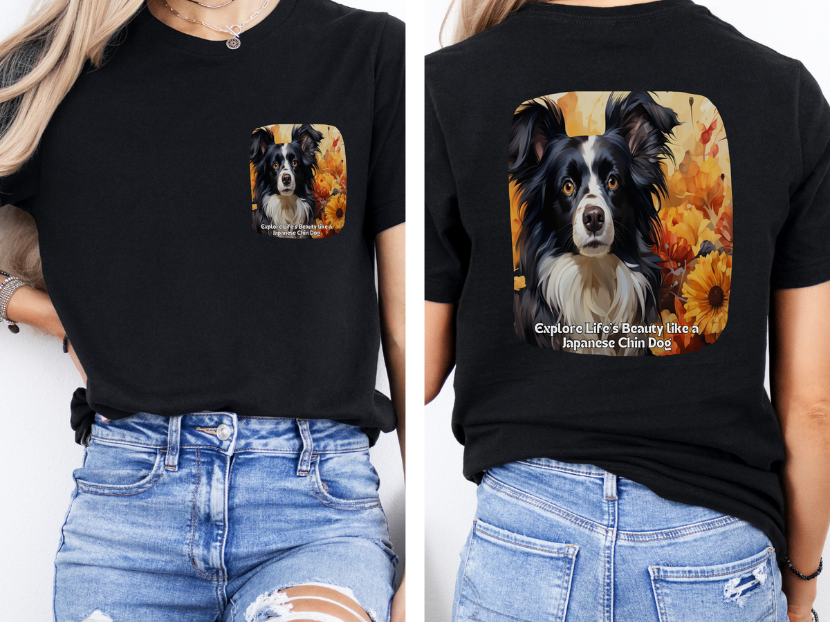 Japanese Chin Sunflower T-Shirt – 'Explore Life's Beauty like a Japanese Chin' – Front & Back Design – Elegant & Playful Dog Lover Tee