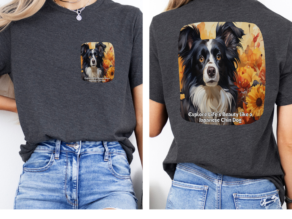 Japanese Chin Sunflower T-Shirt – 'Explore Life's Beauty like a Japanese Chin' – Front & Back Design – Elegant & Playful Dog Lover Tee