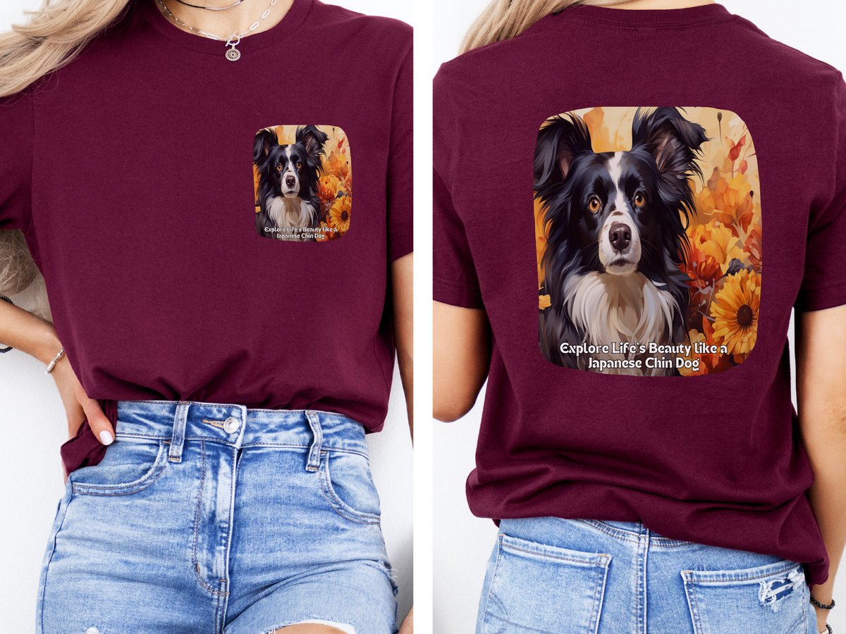 Japanese Chin Sunflower T-Shirt – 'Explore Life's Beauty like a Japanese Chin' – Front & Back Design – Elegant & Playful Dog Lover Tee
