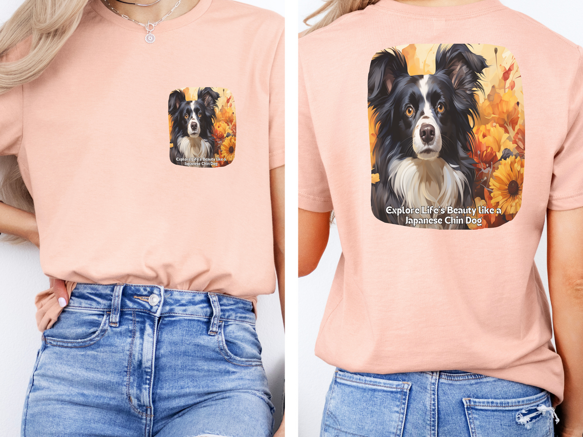Japanese Chin Sunflower T-Shirt – 'Explore Life's Beauty like a Japanese Chin' – Front & Back Design – Elegant & Playful Dog Lover Tee