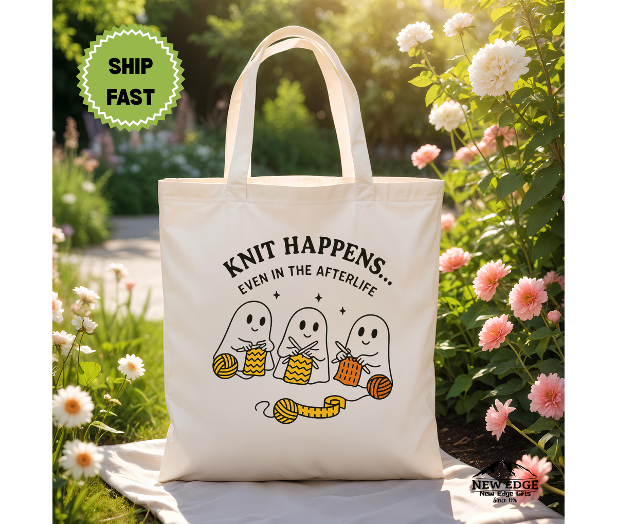 Knit Happens Even in the Afterlife Halloween Tote Bag – Three Ghosts Knitting Cotton Canvas Bag, Funny Knitting Gift, Spooky Yarn Lover Tote