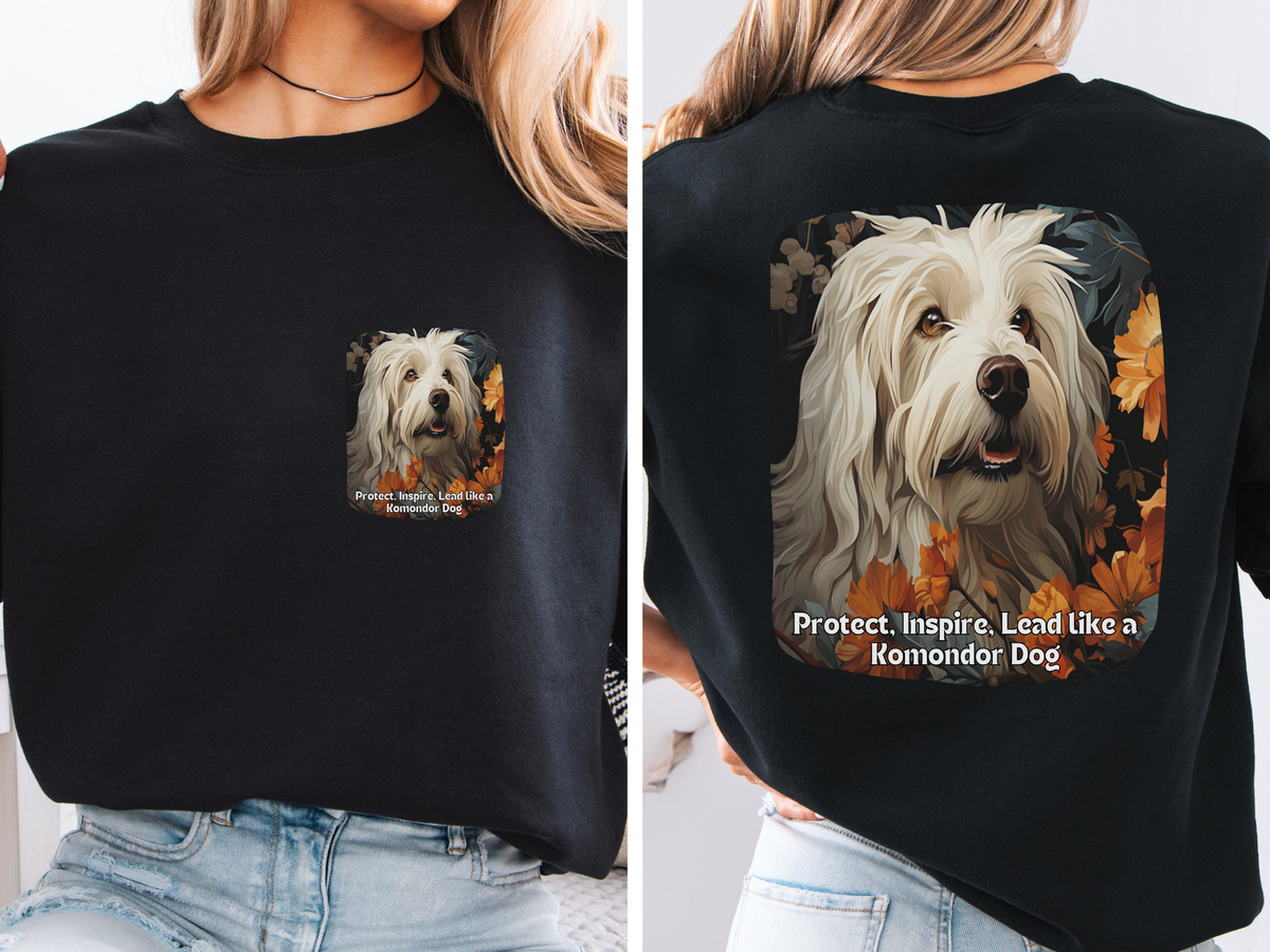 "Komondor Guardian Sweatshirt - 'Protect, Inspire, Lead' - Sunflower & Mop Dog Lover Hoodie (Front & Back Print)"