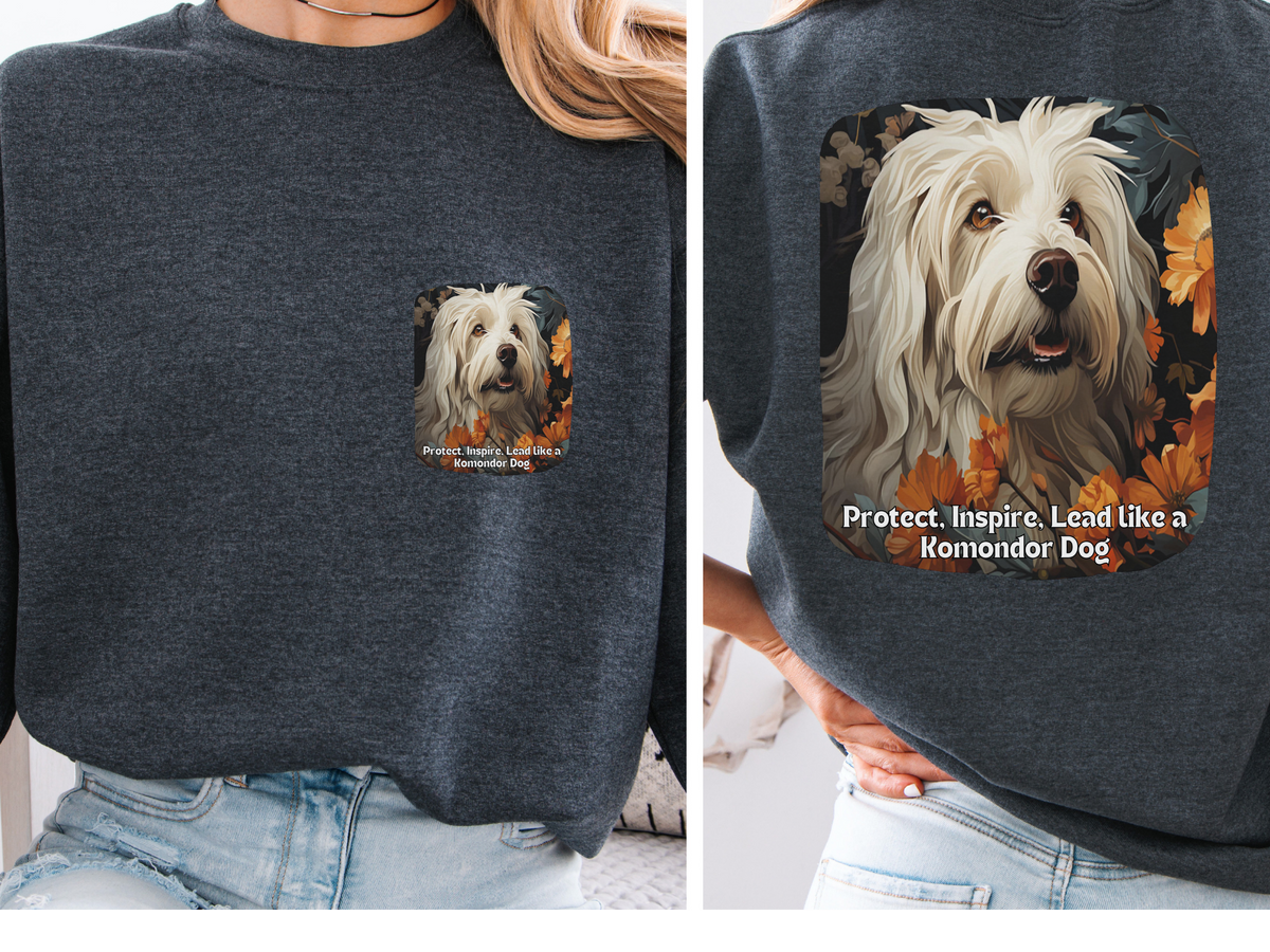 "Komondor Guardian Sweatshirt - 'Protect, Inspire, Lead' - Sunflower & Mop Dog Lover Hoodie (Front & Back Print)"