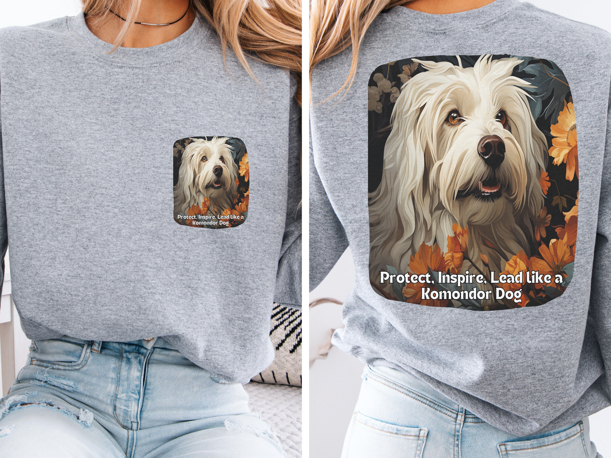 "Komondor Guardian Sweatshirt - 'Protect, Inspire, Lead' - Sunflower & Mop Dog Lover Hoodie (Front & Back Print)"