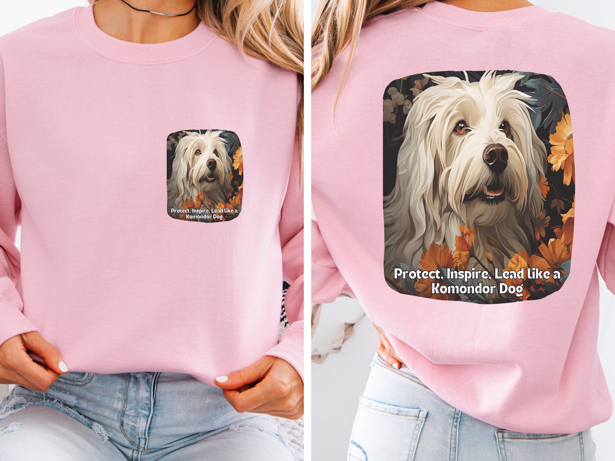 "Komondor Guardian Sweatshirt - 'Protect, Inspire, Lead' - Sunflower & Mop Dog Lover Hoodie (Front & Back Print)"