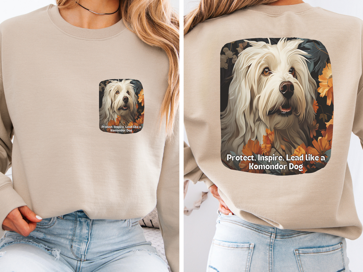 "Komondor Guardian Sweatshirt - 'Protect, Inspire, Lead' - Sunflower & Mop Dog Lover Hoodie (Front & Back Print)"