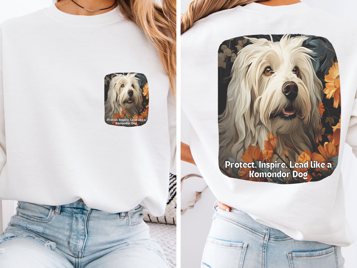 "Komondor Guardian Sweatshirt - 'Protect, Inspire, Lead' - Sunflower & Mop Dog Lover Hoodie (Front & Back Print)"