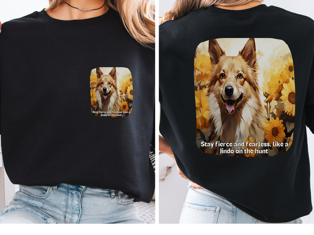 Korean Jindo Spirit Sunflower Sweatshirt – 'Stay Fierce & Fearless' Hunting Dog Design – Unisex Performance Pullover