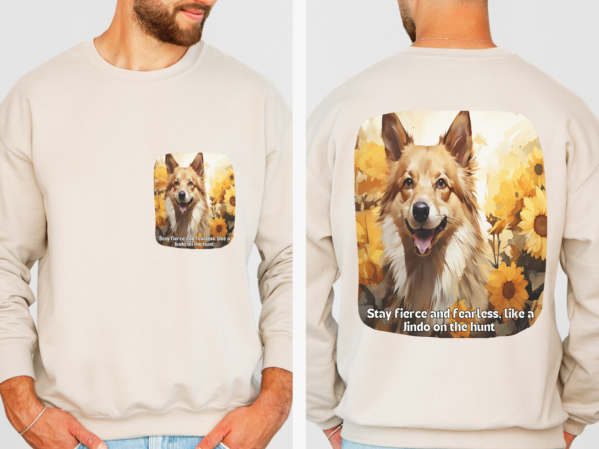 Korean Jindo Spirit Sunflower Sweatshirt – 'Stay Fierce & Fearless' Hunting Dog Design – Unisex Performance Pullover