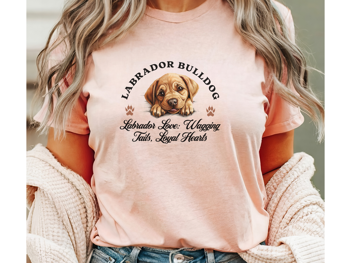 Labrador Bulldog T-Shirt – Unisex Tee with “Labrador Love, Wagging Tails, Loyal Hearts” Slogan | Playful & Loyal Dog Lover Gift