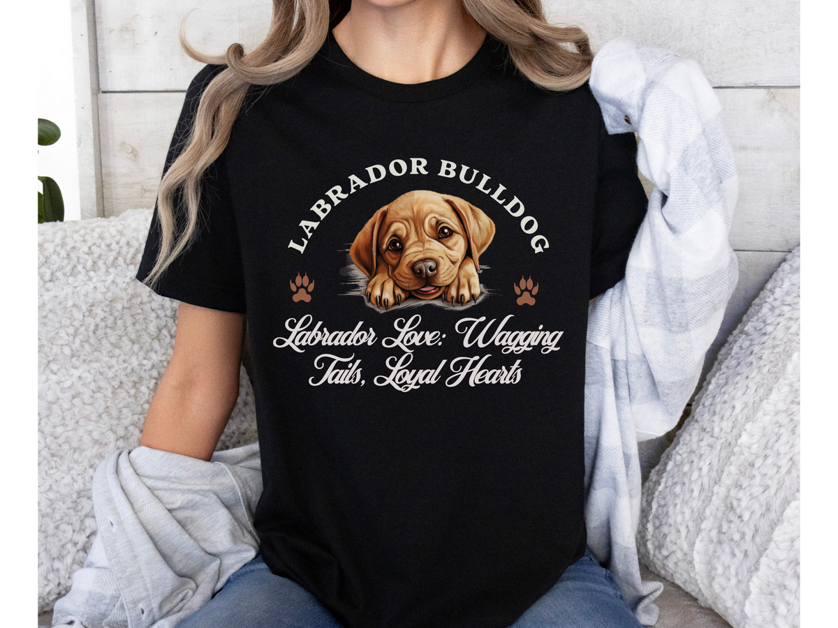Labrador Bulldog T-Shirt – Unisex Tee with “Labrador Love, Wagging Tails, Loyal Hearts” Slogan | Playful & Loyal Dog Lover Gift