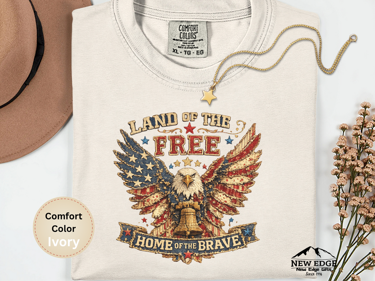 Land of the Free Home of the Brave Faux Patchwork Eagle Comfort Colors T Shirt Patriotic Americana Graphic Tee