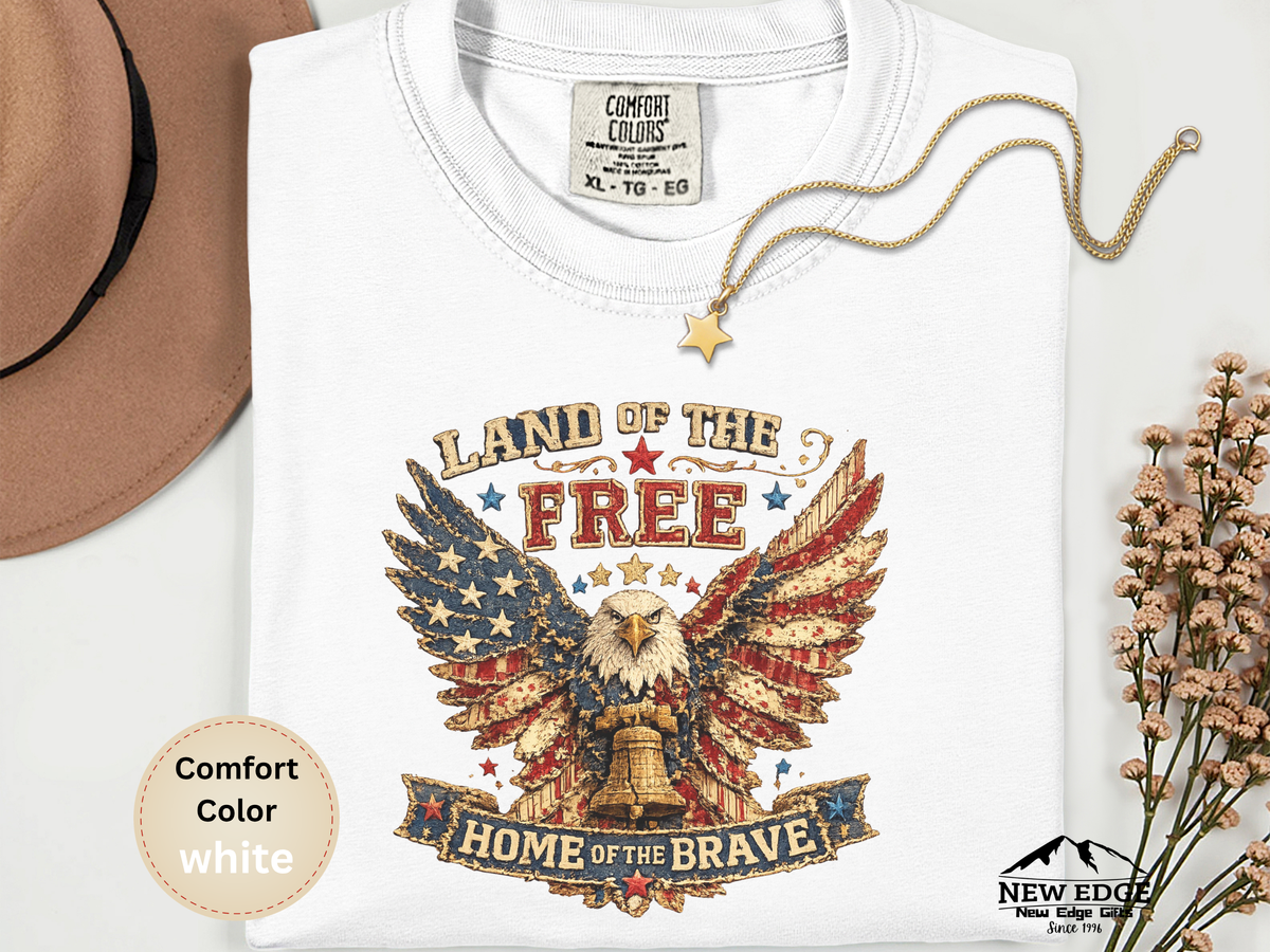 Land of the Free Home of the Brave Faux Patchwork Eagle Comfort Colors T Shirt Patriotic Americana Graphic Tee
