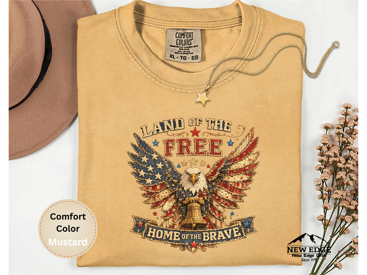 Land of the Free Home of the Brave Faux Patchwork Eagle Comfort Colors T Shirt Patriotic Americana Graphic Tee
