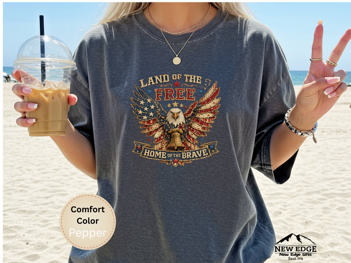 Land of the Free Home of the Brave Faux Patchwork Eagle Comfort Colors T Shirt Patriotic Americana Graphic Tee