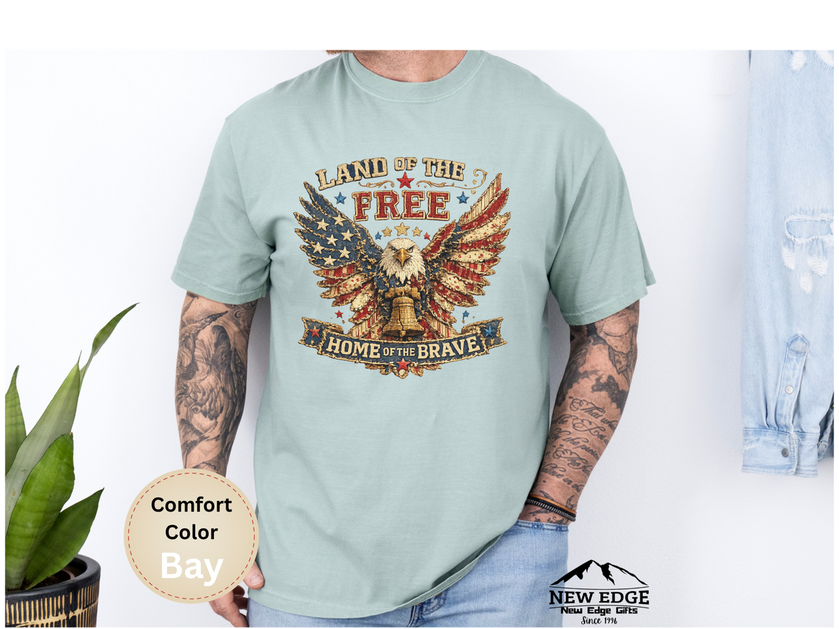 Land of the Free Home of the Brave Faux Patchwork Eagle Comfort Colors T Shirt Patriotic Americana Graphic Tee