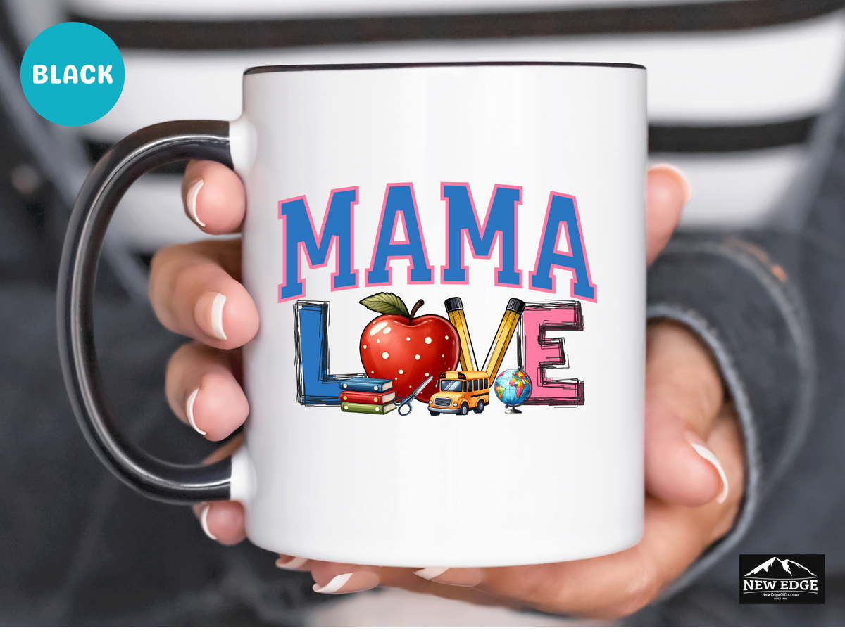 MAMA LOVE Teacher-Inspired Coffee Mug with Apple, Books, Pencil, and School Bus – 11oz & 15oz Accent Mug – Perfect Gift for School Moms and Educator Moms
