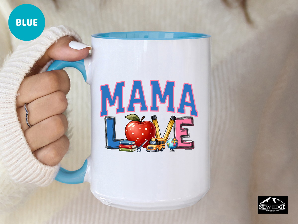 MAMA LOVE Teacher-Inspired Coffee Mug with Apple, Books, Pencil, and School Bus – 11oz & 15oz Accent Mug – Perfect Gift for School Moms and Educator Moms