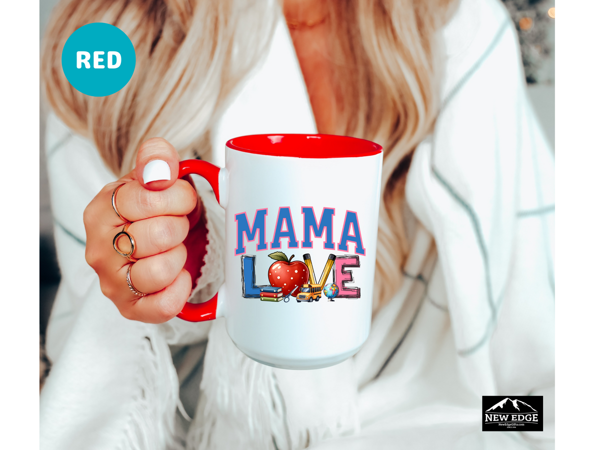 MAMA LOVE Teacher-Inspired Coffee Mug with Apple, Books, Pencil, and School Bus – 11oz & 15oz Accent Mug – Perfect Gift for School Moms and Educator Moms