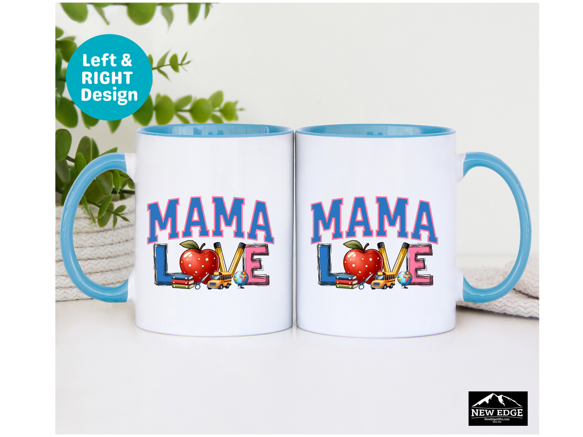 MAMA LOVE Teacher-Inspired Coffee Mug with Apple, Books, Pencil, and School Bus – 11oz & 15oz Accent Mug – Perfect Gift for School Moms and Educator Moms
