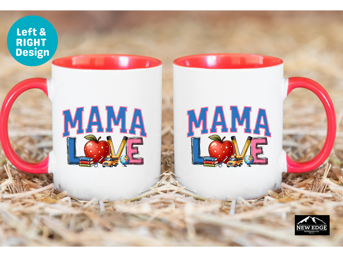 MAMA LOVE Teacher-Inspired Coffee Mug with Apple, Books, Pencil, and School Bus – 11oz & 15oz Accent Mug – Perfect Gift for School Moms and Educator Moms