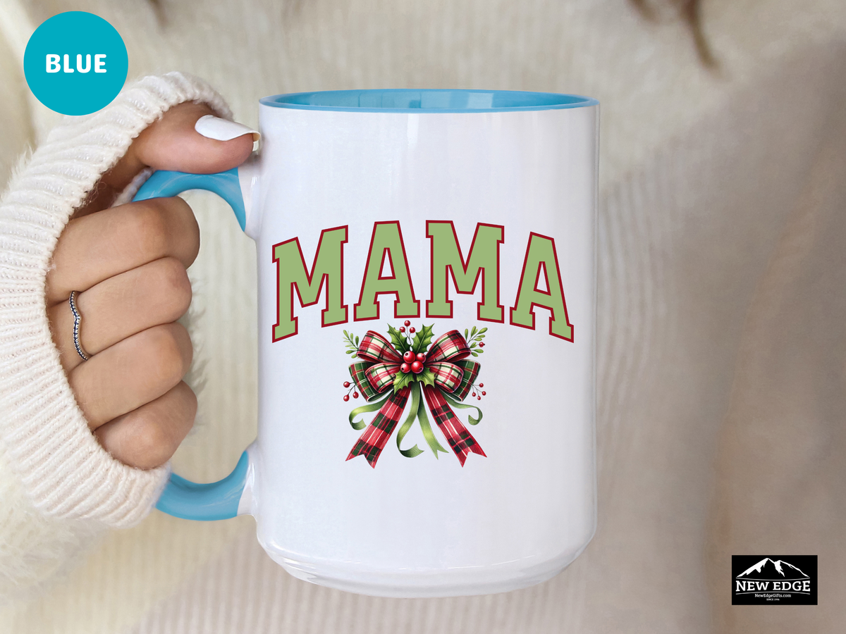MAMA Letters Christmas Coffee Mug with Mistletoe Coquette Bow – 11oz & 15oz Accent Mug – Cute Holiday Mom Gift