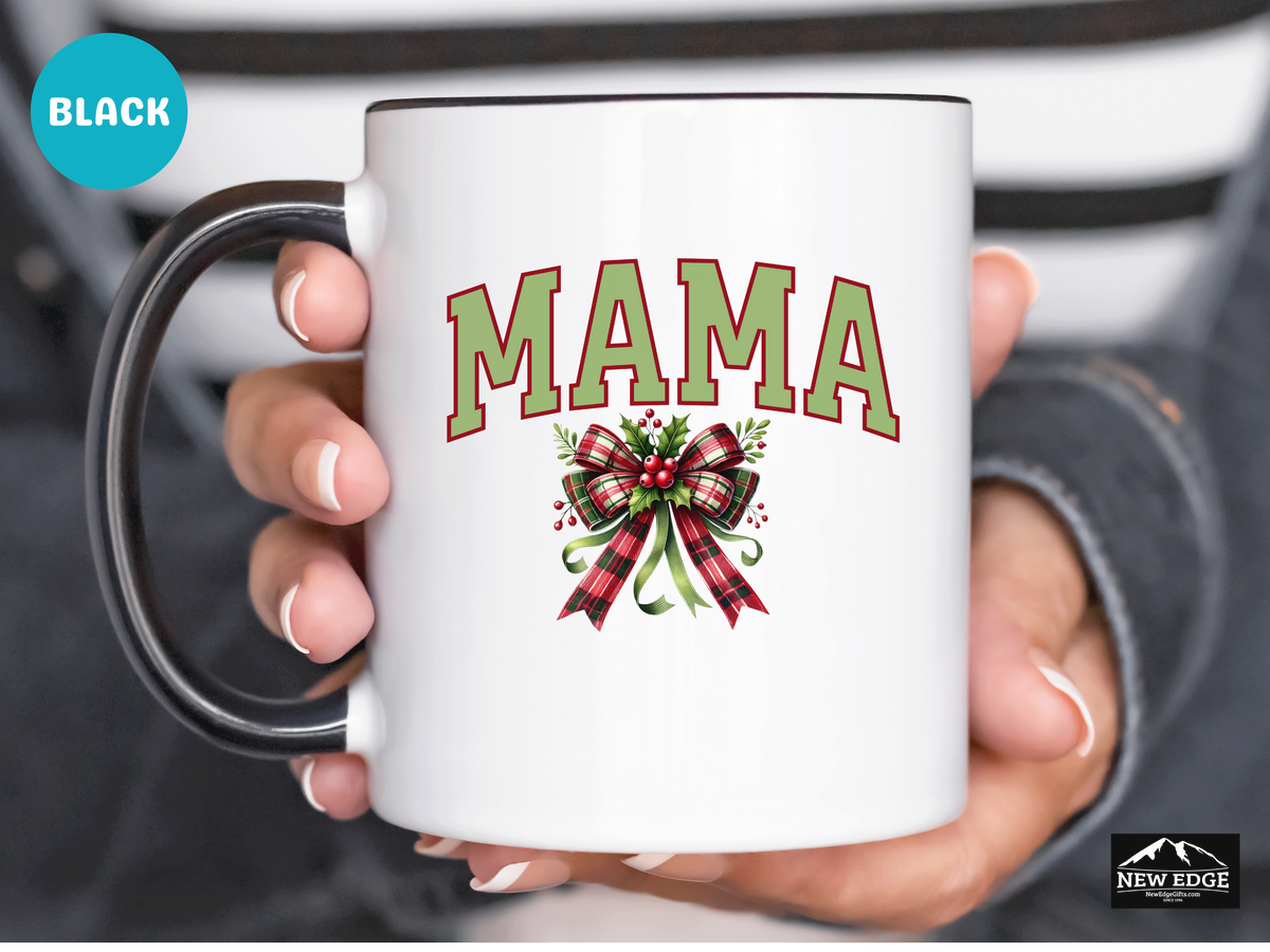 MAMA Letters Christmas Coffee Mug with Mistletoe Coquette Bow – 11oz & 15oz Accent Mug – Cute Holiday Mom Gift
