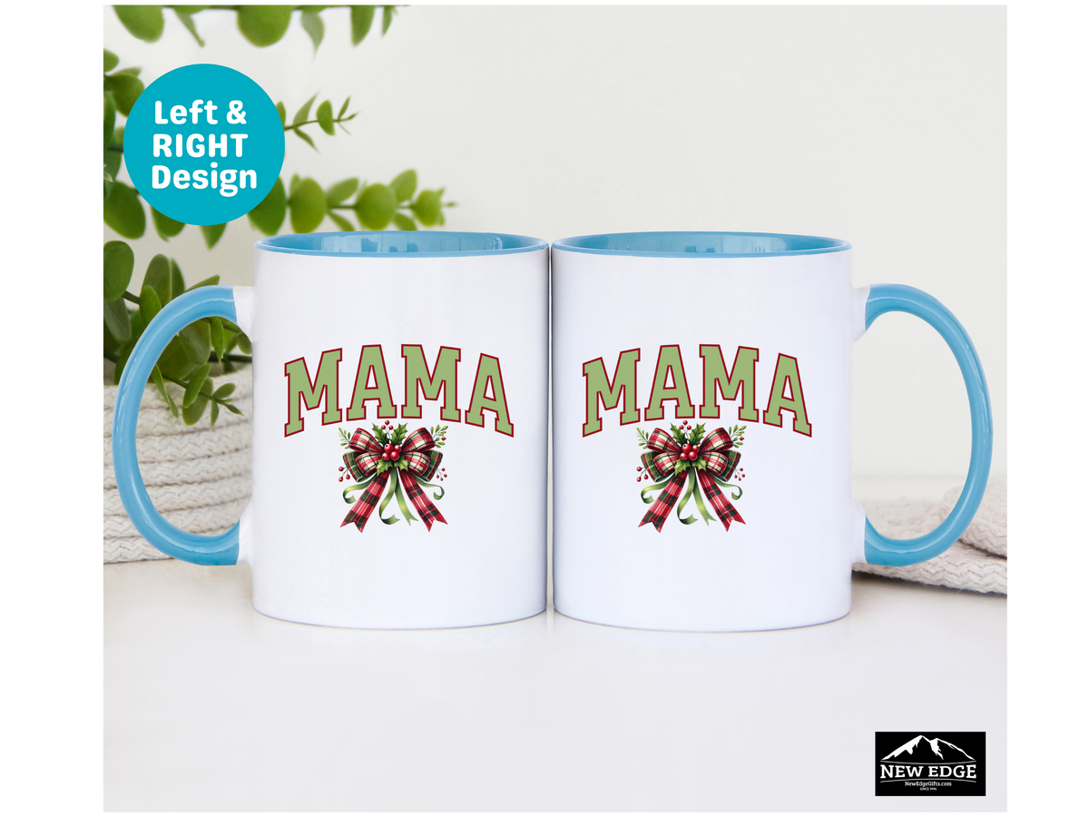MAMA Letters Christmas Coffee Mug with Mistletoe Coquette Bow – 11oz & 15oz Accent Mug – Cute Holiday Mom Gift