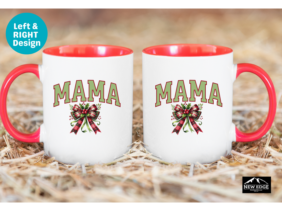 MAMA Letters Christmas Coffee Mug with Mistletoe Coquette Bow – 11oz & 15oz Accent Mug – Cute Holiday Mom Gift