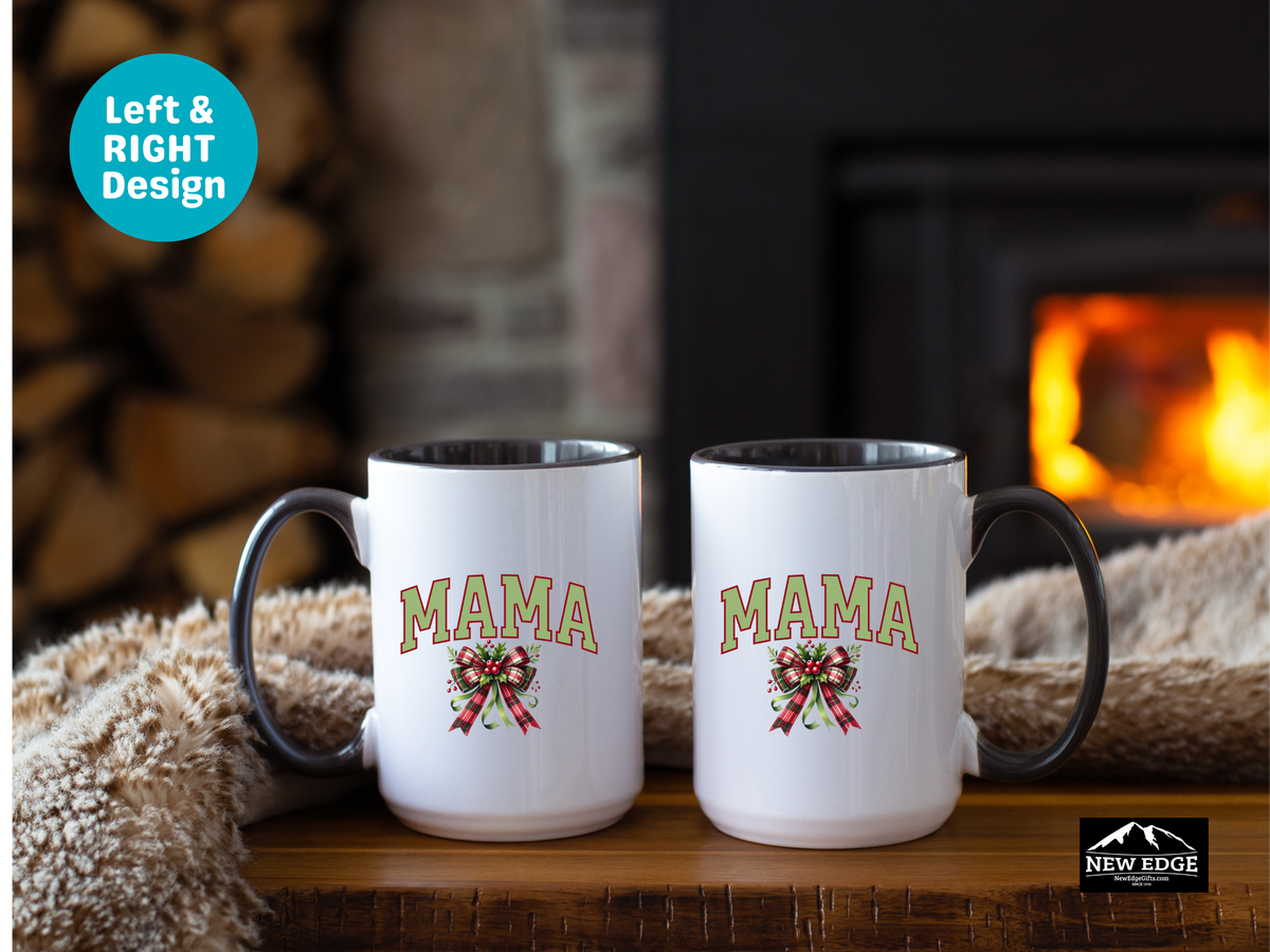MAMA Letters Christmas Coffee Mug with Mistletoe Coquette Bow – 11oz & 15oz Accent Mug – Cute Holiday Mom Gift