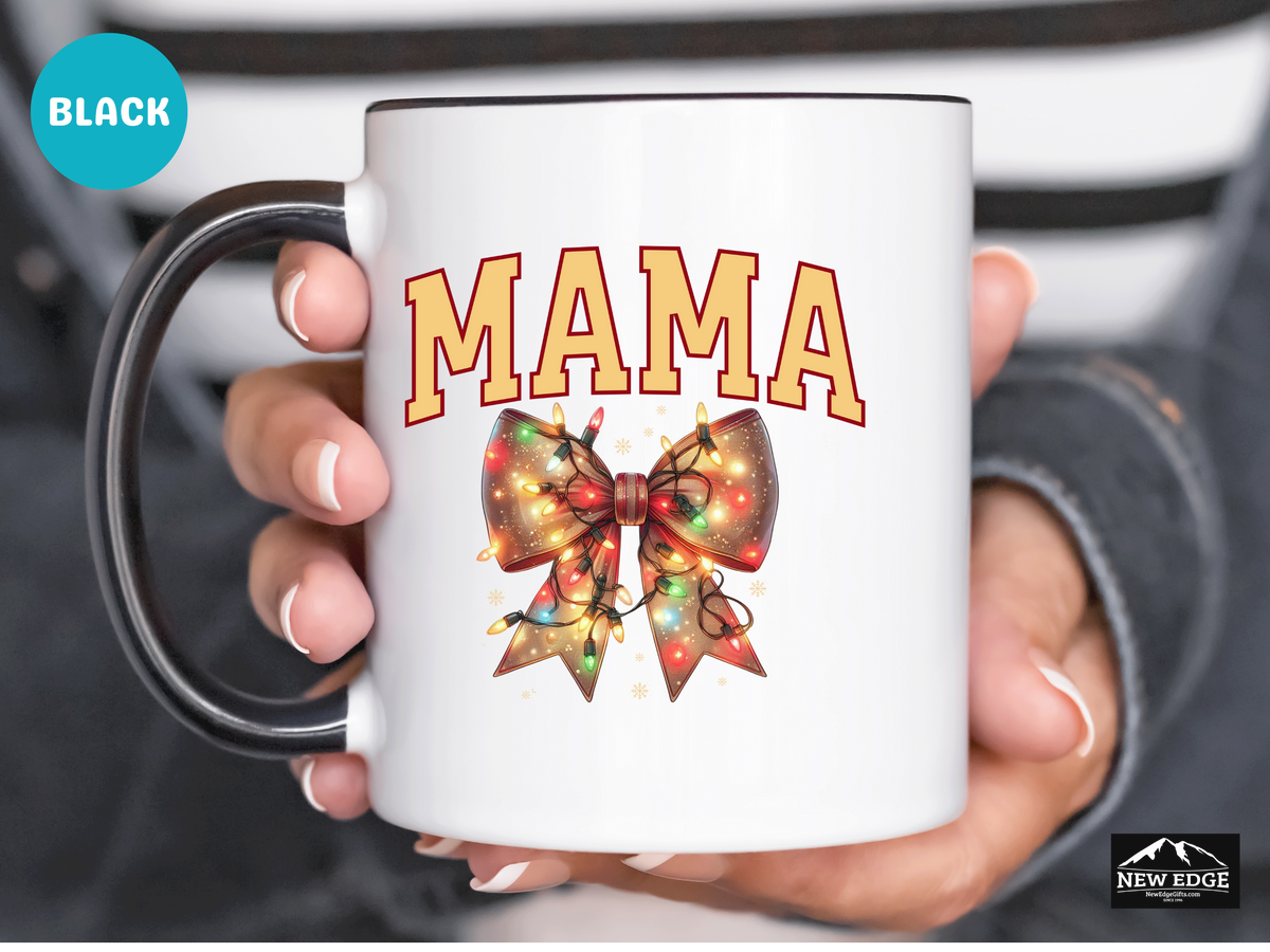 MAMA Letters Christmas Coffee Mug with Christmas Lights Coquette Bow – 11oz & 15oz Accent Mug – Festive Holiday Gift for Moms