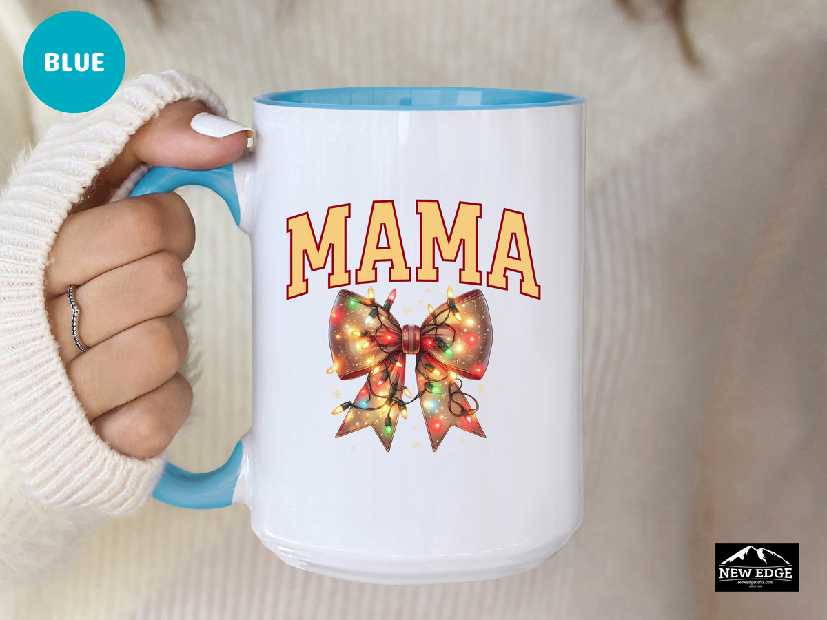 MAMA Letters Christmas Coffee Mug with Christmas Lights Coquette Bow – 11oz & 15oz Accent Mug – Festive Holiday Gift for Moms