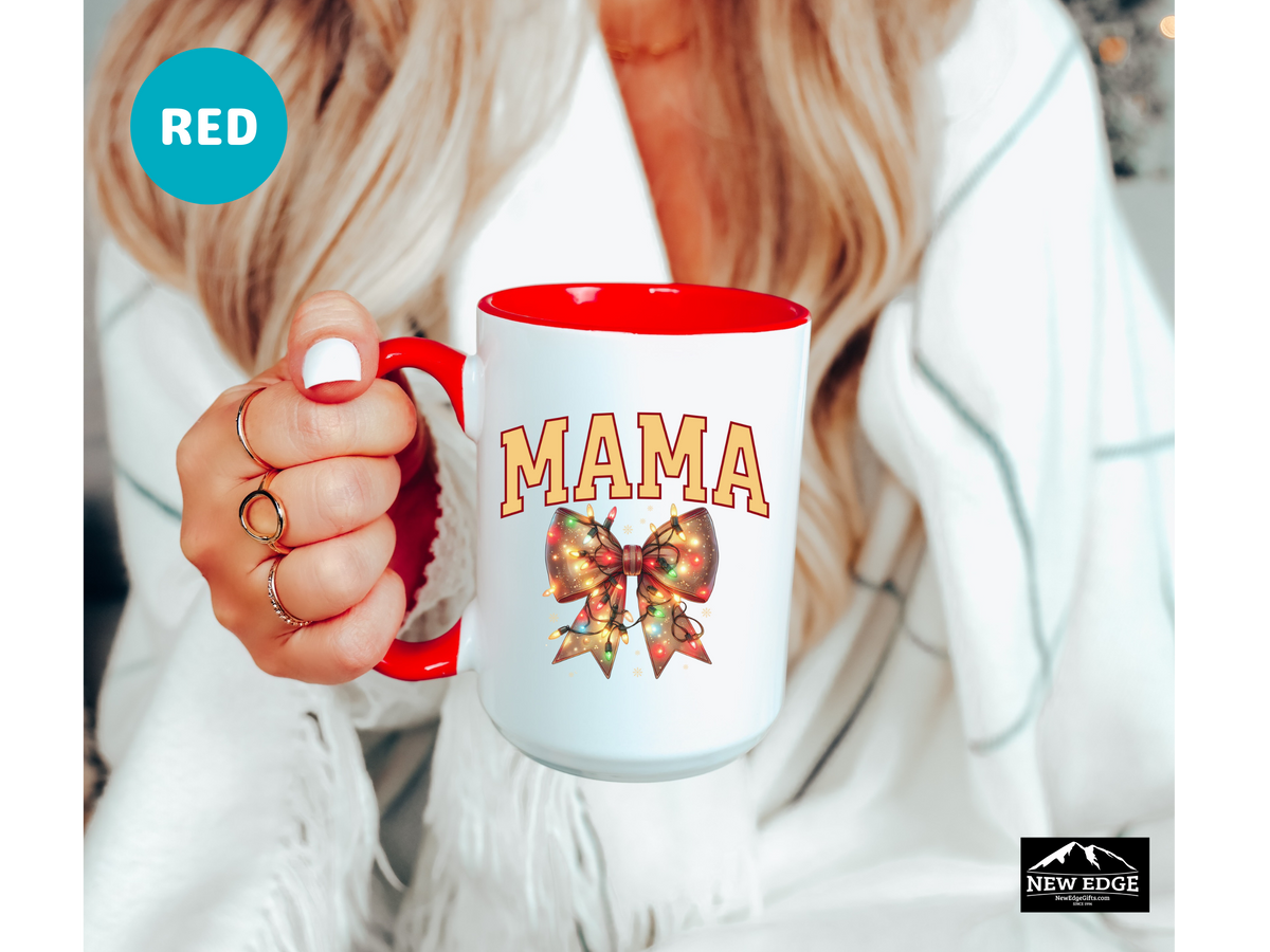 MAMA Letters Christmas Coffee Mug with Christmas Lights Coquette Bow – 11oz & 15oz Accent Mug – Festive Holiday Gift for Moms
