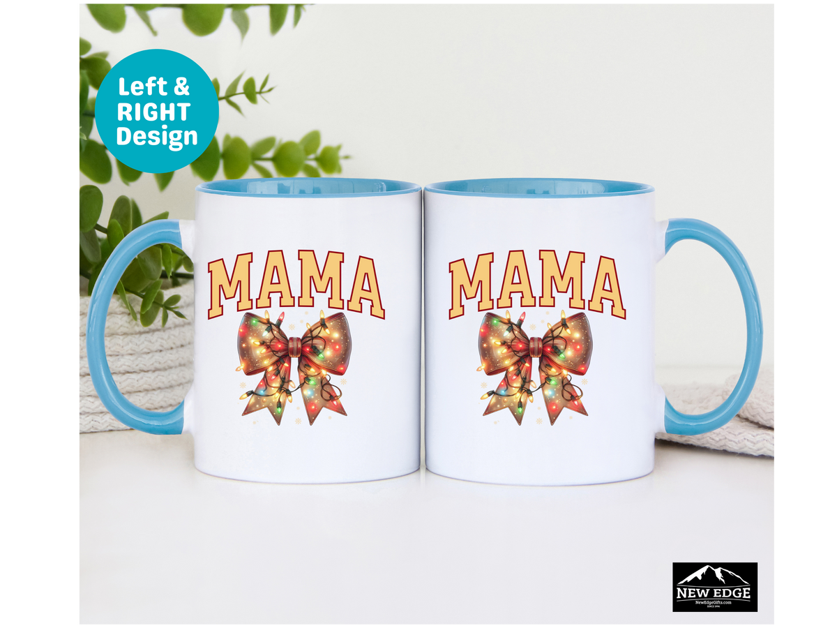 MAMA Letters Christmas Coffee Mug with Christmas Lights Coquette Bow – 11oz & 15oz Accent Mug – Festive Holiday Gift for Moms