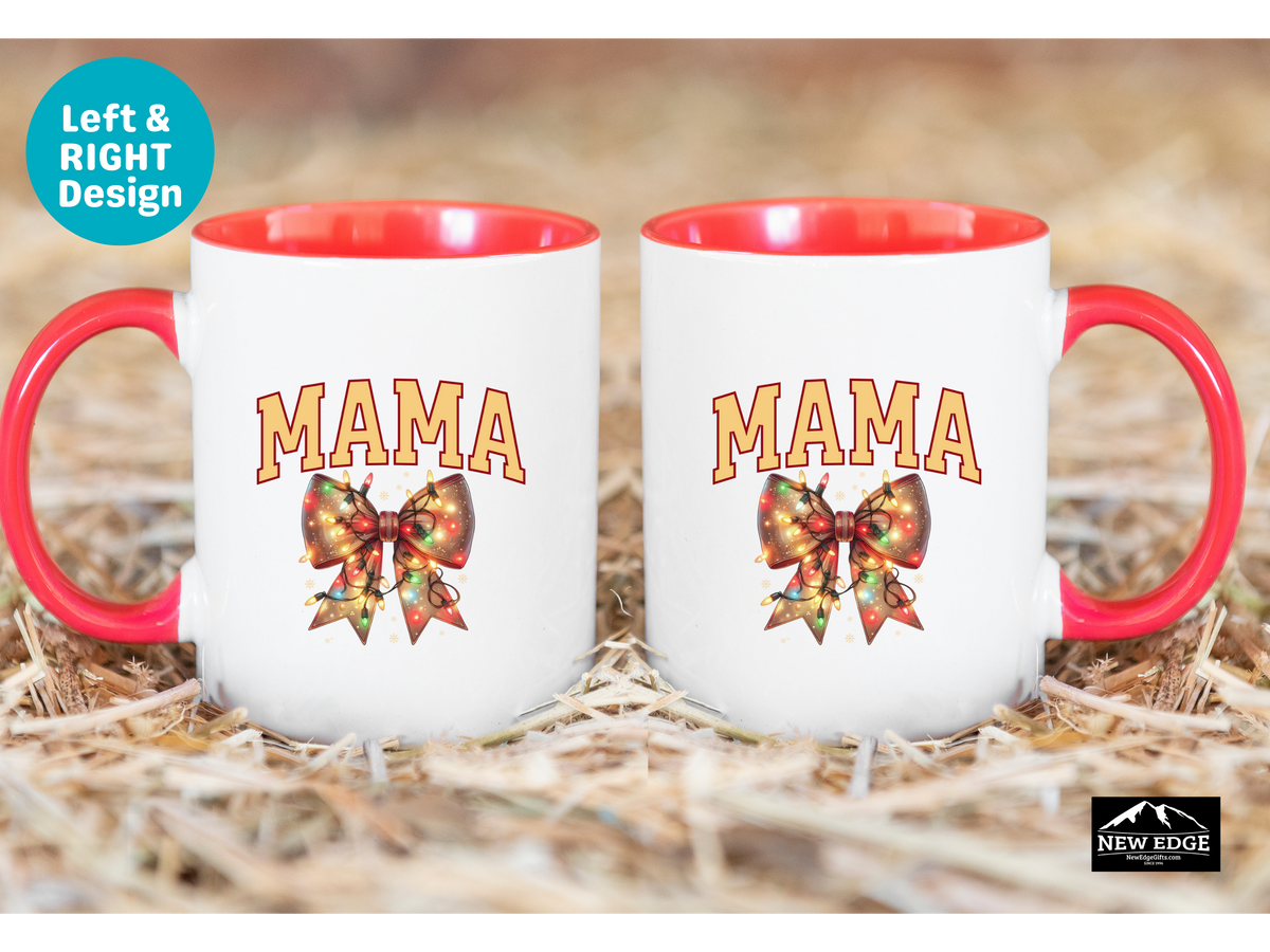 MAMA Letters Christmas Coffee Mug with Christmas Lights Coquette Bow – 11oz & 15oz Accent Mug – Festive Holiday Gift for Moms