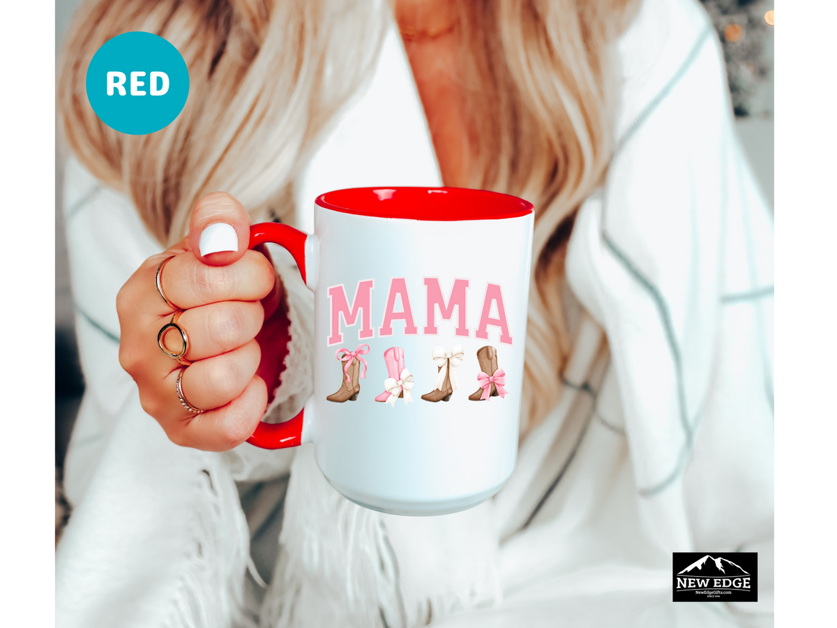 MAMA Letters Coffee Mug with Cowboy Boots and Bows – 11oz & 15oz Accent Mug – Cute Western Country Mama Gift
