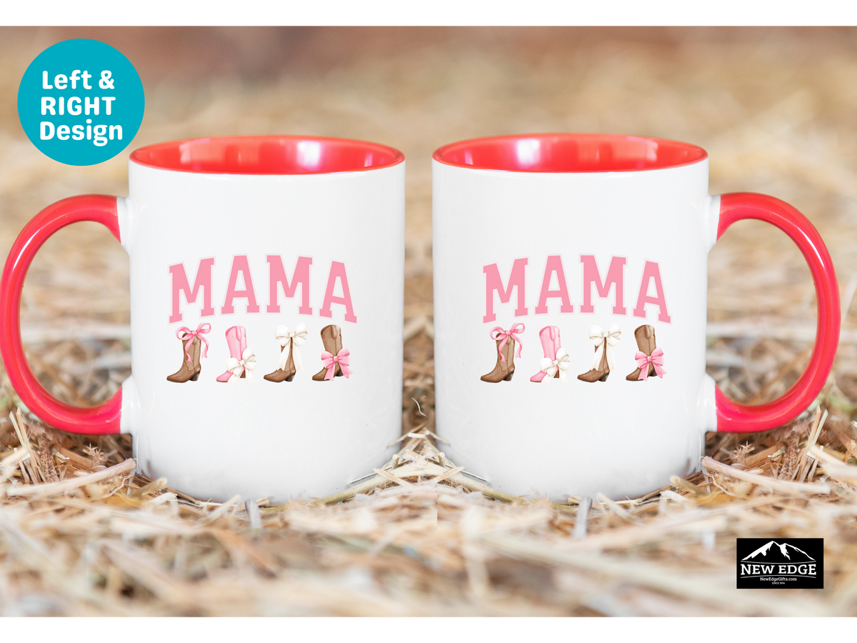 MAMA Letters Coffee Mug with Cowboy Boots and Bows – 11oz & 15oz Accent Mug – Cute Western Country Mama Gift