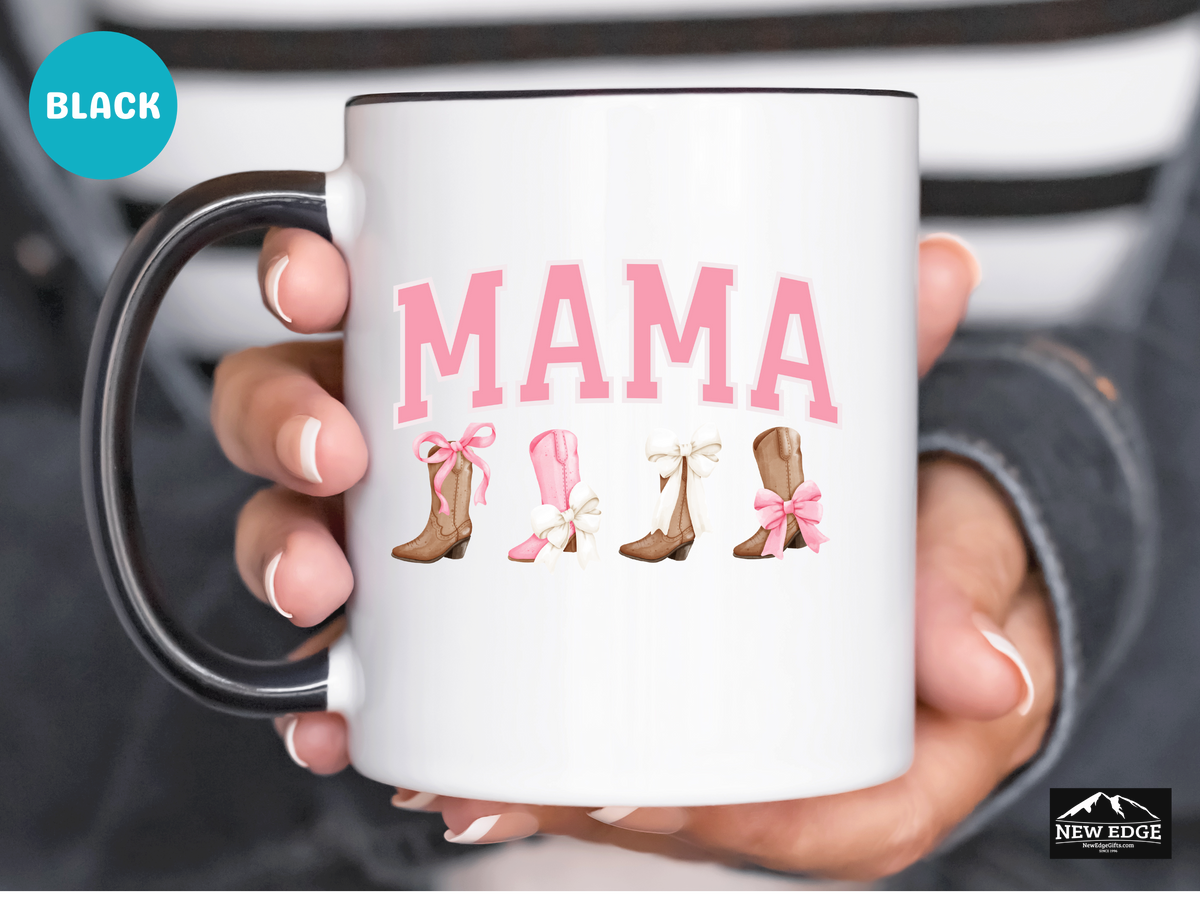 MAMA Letters Coffee Mug with Cowboy Boots and Bows – 11oz & 15oz Accent Mug – Cute Western Country Mama Gift