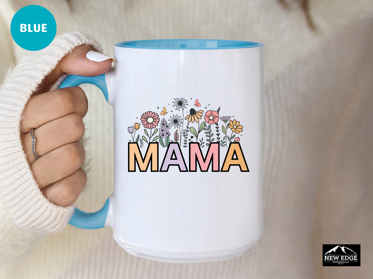 MAMA Letters Coffee Mug with Flowers – 11oz & 15oz Accent Mug – Cute Floral Gift for Mom – Mother’s Day and Everyday Coffee Cup