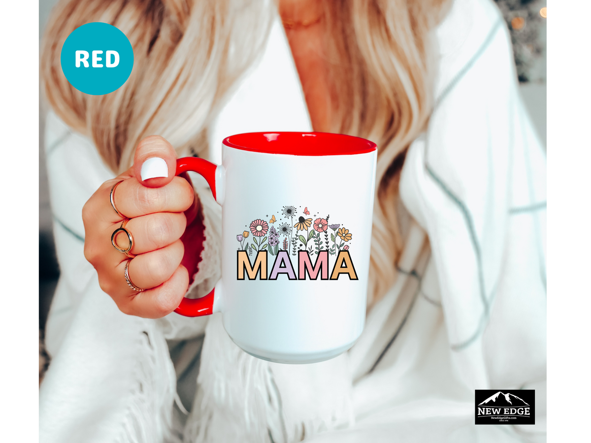MAMA Letters Coffee Mug with Flowers – 11oz & 15oz Accent Mug – Cute Floral Gift for Mom – Mother’s Day and Everyday Coffee Cup