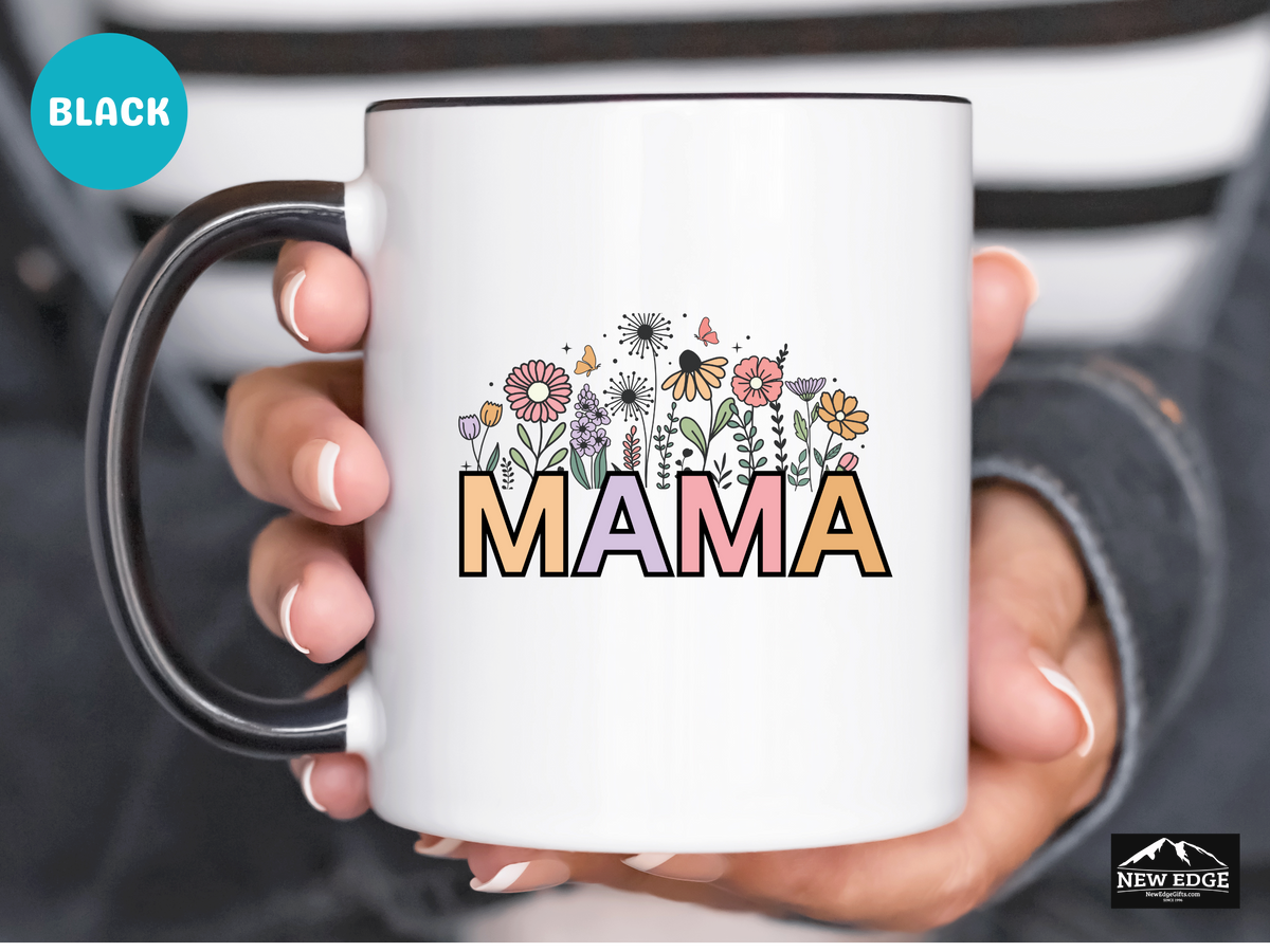 MAMA Letters Coffee Mug with Flowers – 11oz & 15oz Accent Mug – Cute Floral Gift for Mom – Mother’s Day and Everyday Coffee Cup